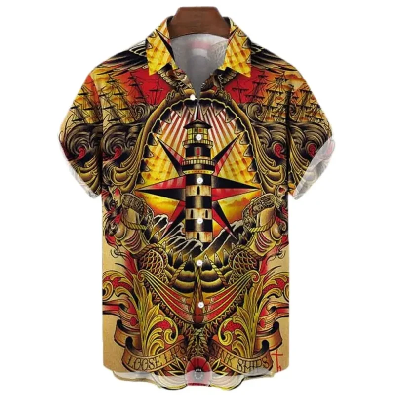 Japanese Men's Shirts Koi Print Hawaiian Buttons Beach Aloha Tops New 2024
