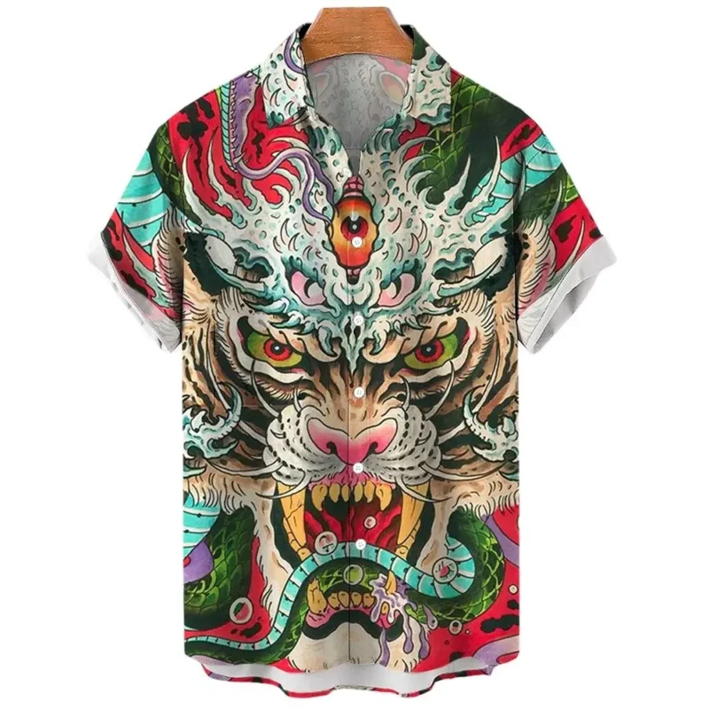 Japanese Men's Shirts Koi Print Hawaiian Buttons Beach Aloha Tops New 2024