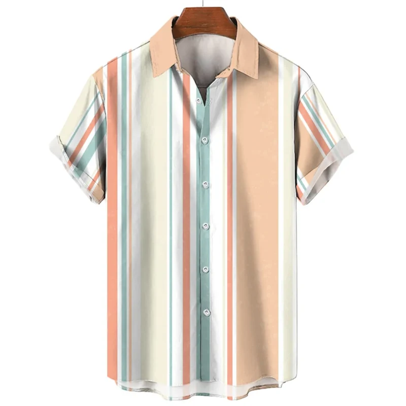 Hawaiian Shirts Striped Fashion Shirt Tees Tops Summer Casual Short-Sleeved Button Loose Mens Blouse Oversized Men's Clothing ﻿