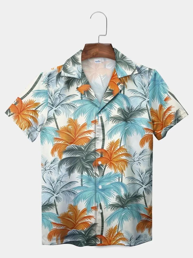 2025 Summer New Fashion Men's Hawaiian Shirt Regular Fit Men's Beach Palm Tree Pattern Short Sleeve Casual Lapel Button Shirt