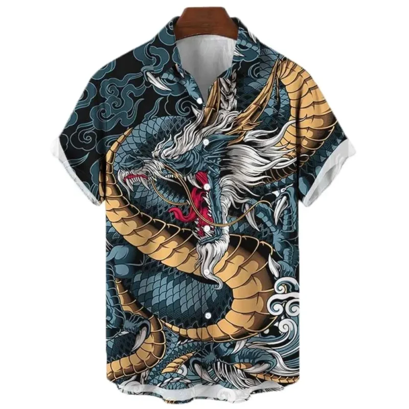 Japanese Men's Shirts Koi Print Hawaiian Buttons Beach Aloha Tops New 2024