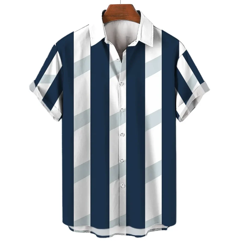 Hawaiian Shirts Striped Fashion Shirt Tees Tops Summer Casual Short-Sleeved Button Loose Mens Blouse Oversized Men's Clothing ﻿