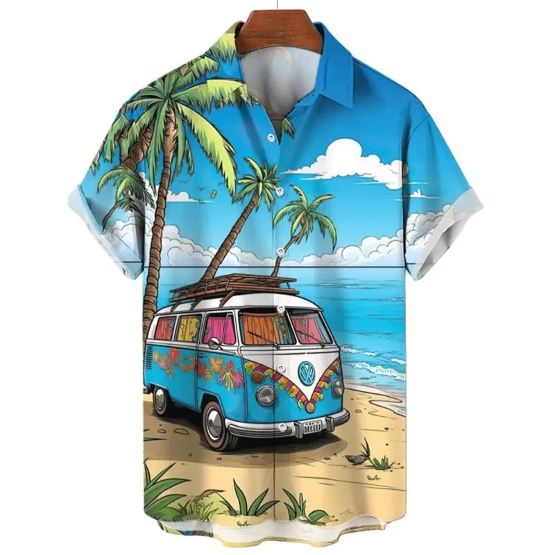 Vintage Men's Shirt For Men Short Sleeve Tops Beach and cars 3d Print Shirt Summer Sweatshirt Tees Designer Men's Clothing