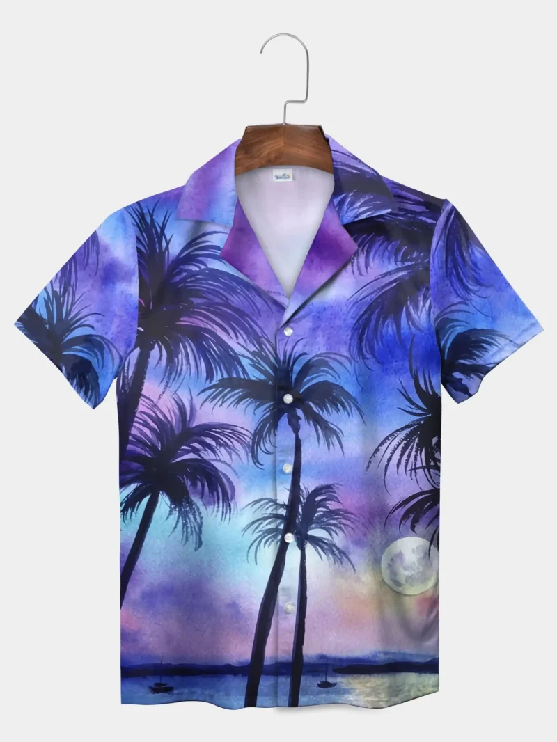 2025 Summer New Fashion Men's Hawaiian Shirt Regular Fit Men's Beach Palm Tree Pattern Short Sleeve Casual Lapel Button Shirt