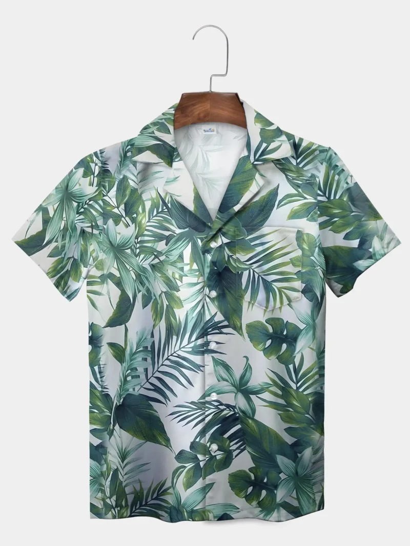 2025 Summer New Fashion Men's Hawaiian Shirt Regular Fit Men's Beach Palm Tree Pattern Short Sleeve Casual Lapel Button Shirt