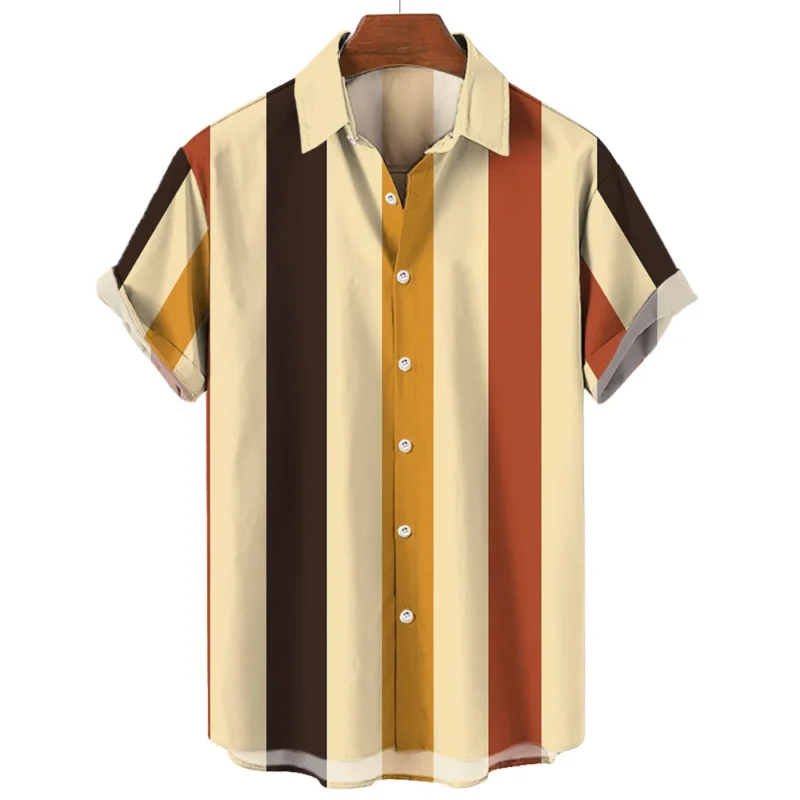 Hawaiian Shirts Striped Fashion Shirt Tees Tops Summer Casual Short-Sleeved Button Loose Mens Blouse Oversized Men's Clothing ﻿