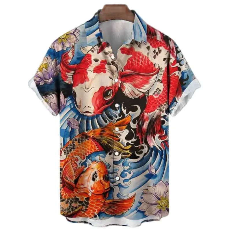 Japanese Men's Shirts Koi Print Hawaiian Buttons Beach Aloha Tops New 2024