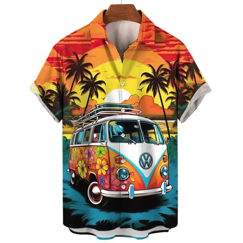 Vintage Men's Shirt For Men Short Sleeve Tops Beach and cars 3d Print Shirt Summer Sweatshirt Tees Designer Men's Clothing