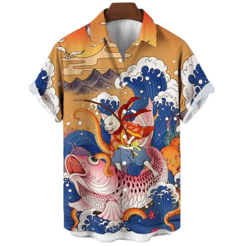 Japanese Men's Shirts Koi Print Hawaiian Buttons Beach Aloha Tops New 2024