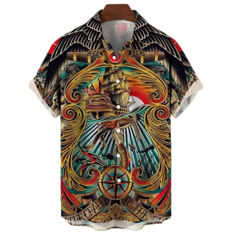 Japanese Men's Shirts Koi Print Hawaiian Buttons Beach Aloha Tops New 2024