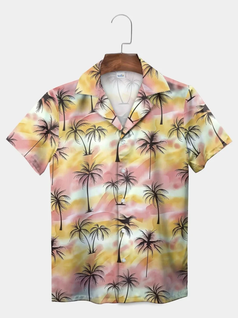 2025 Summer New Fashion Men's Hawaiian Shirt Regular Fit Men's Beach Palm Tree Pattern Short Sleeve Casual Lapel Button Shirt