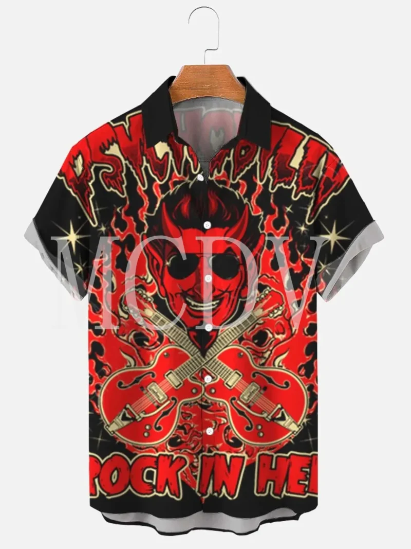 Men's Rockabilly Vintage Rocker Rock N Roll Printed Casual Breathable Short Sleeve Hawaiian Shirt