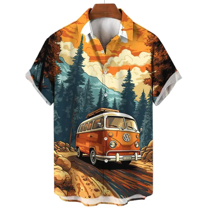 Vintage Men's Shirt For Men Short Sleeve Tops Beach and cars 3d Print Shirt Summer Sweatshirt Tees Designer Men's Clothing