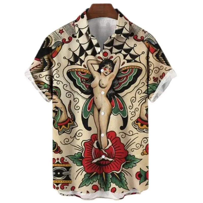 Japanese Men's Shirts Koi Print Hawaiian Buttons Beach Aloha Tops New 2024