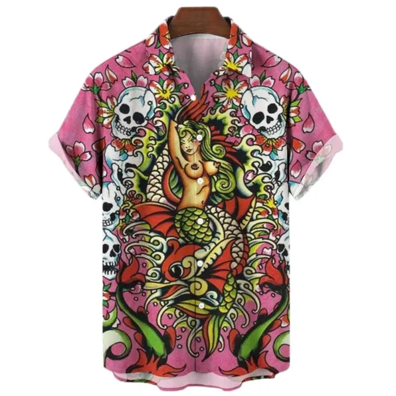 Japanese Men's Shirts Koi Print Hawaiian Buttons Beach Aloha Tops New 2024