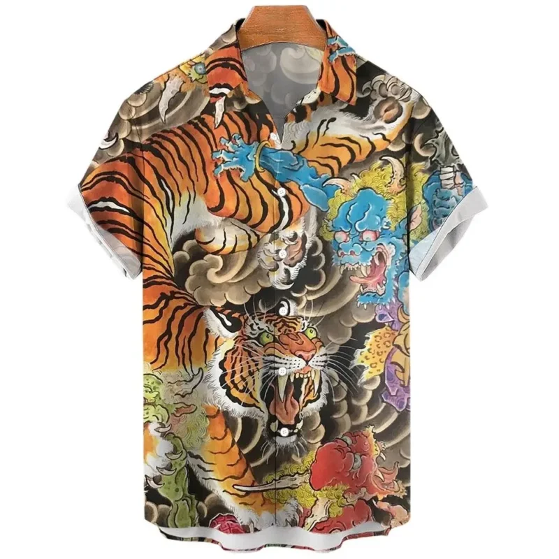 Japanese Men's Shirts Koi Print Hawaiian Buttons Beach Aloha Tops New 2024