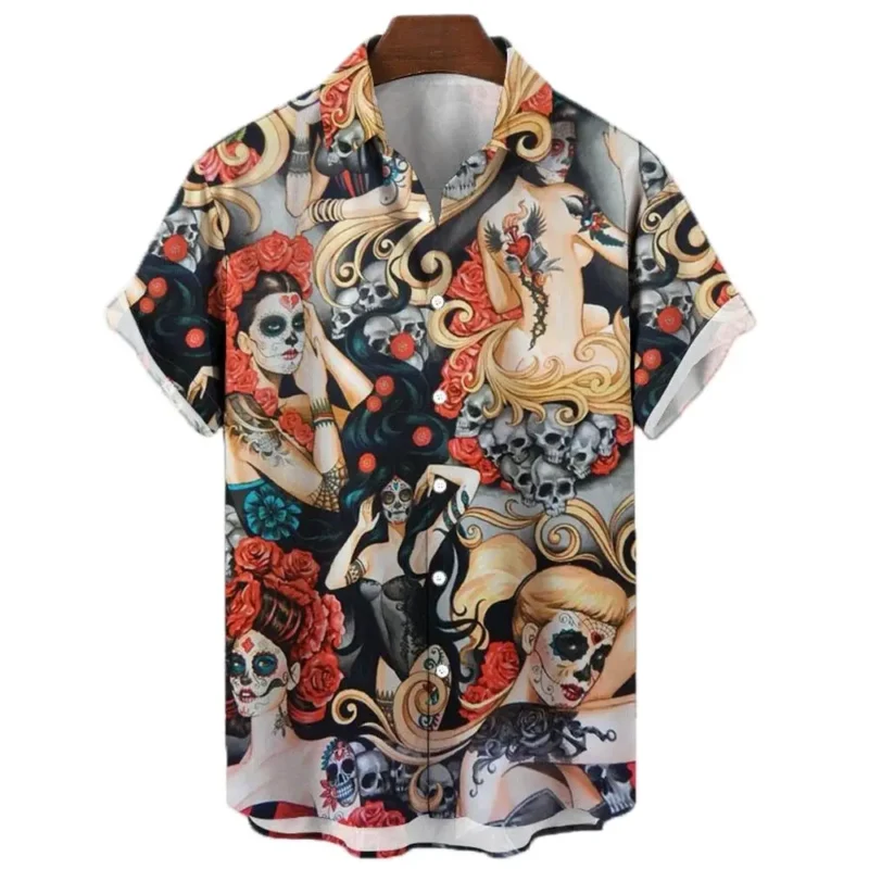 Japanese Men's Shirts Koi Print Hawaiian Buttons Beach Aloha Tops New 2024