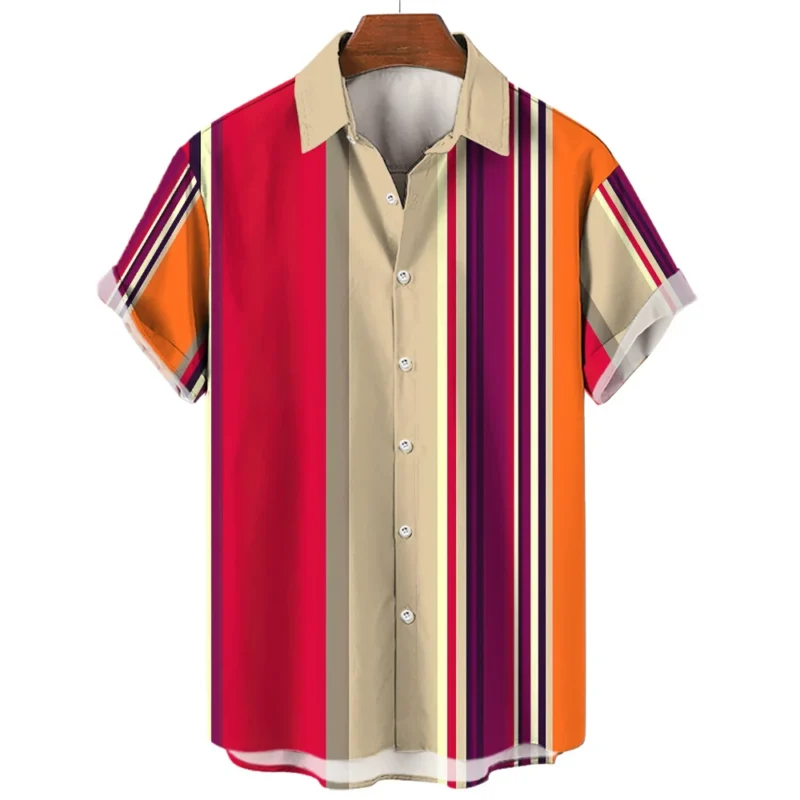 Hawaiian Shirts Striped Fashion Shirt Tees Tops Summer Casual Short-Sleeved Button Loose Mens Blouse Oversized Men's Clothing ﻿