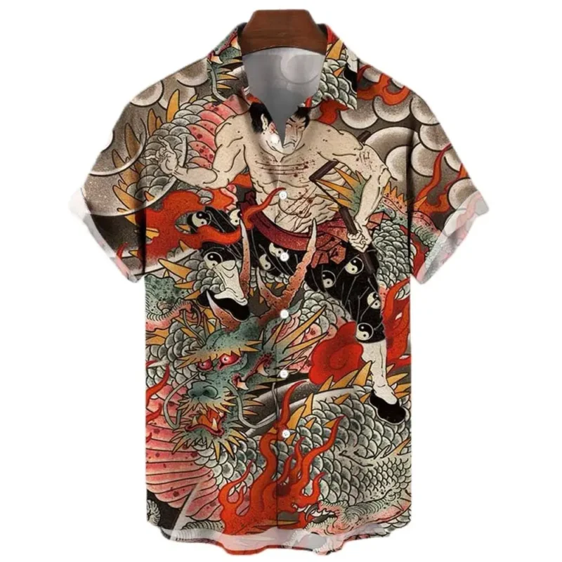 Japanese Men's Shirts Koi Print Hawaiian Buttons Beach Aloha Tops New 2024