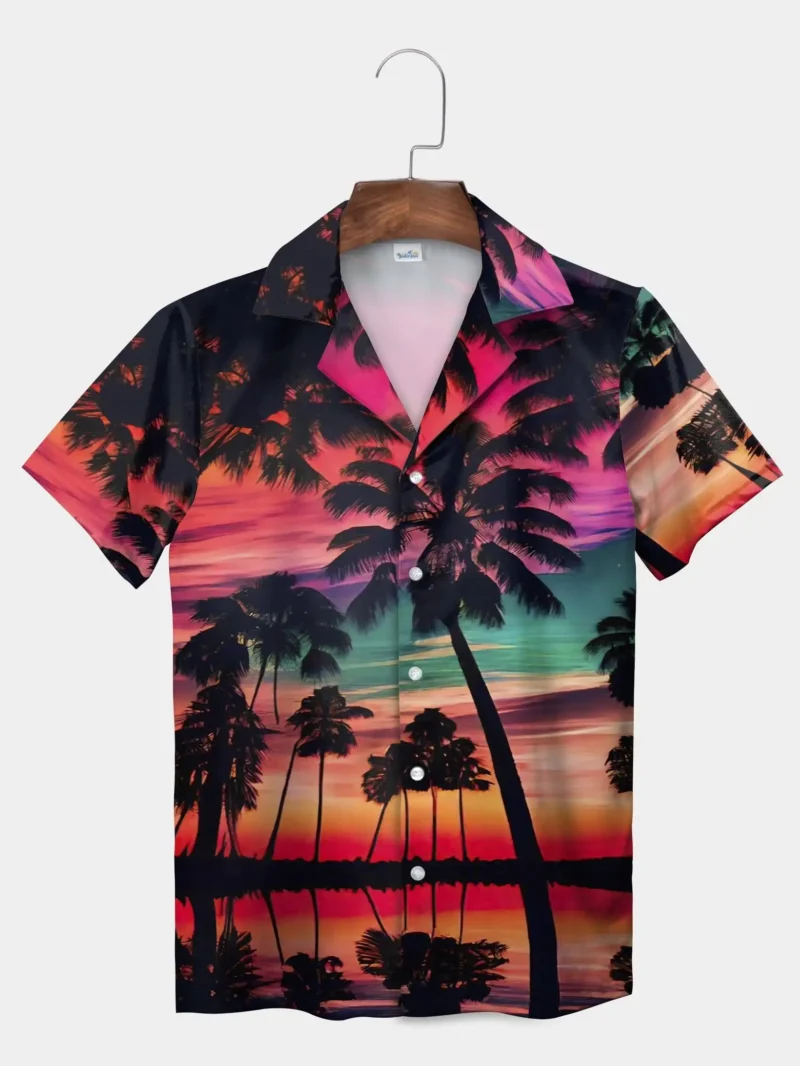 2025 Summer New Fashion Men's Hawaiian Shirt Regular Fit Men's Beach Palm Tree Pattern Short Sleeve Casual Lapel Button Shirt