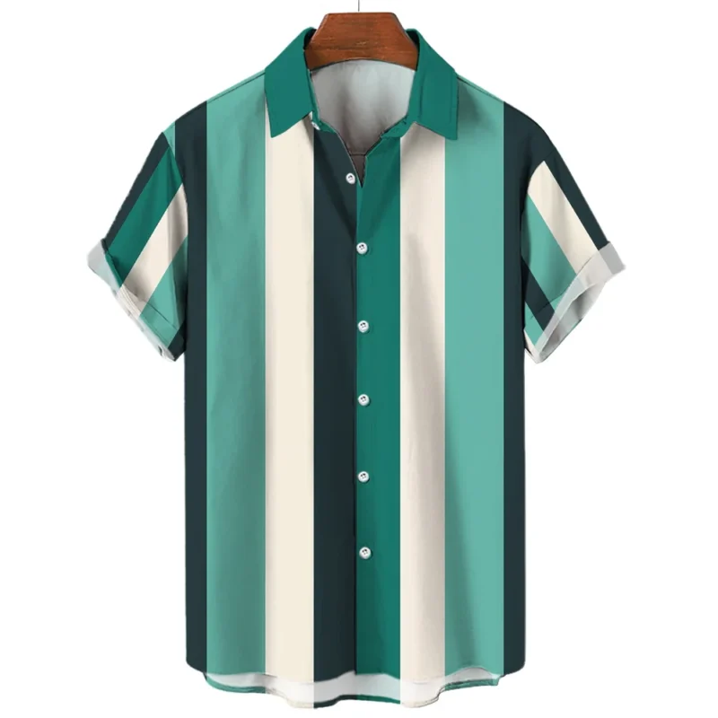 Hawaiian Shirts Striped Fashion Shirt Tees Tops Summer Casual Short-Sleeved Button Loose Mens Blouse Oversized Men's Clothing ﻿