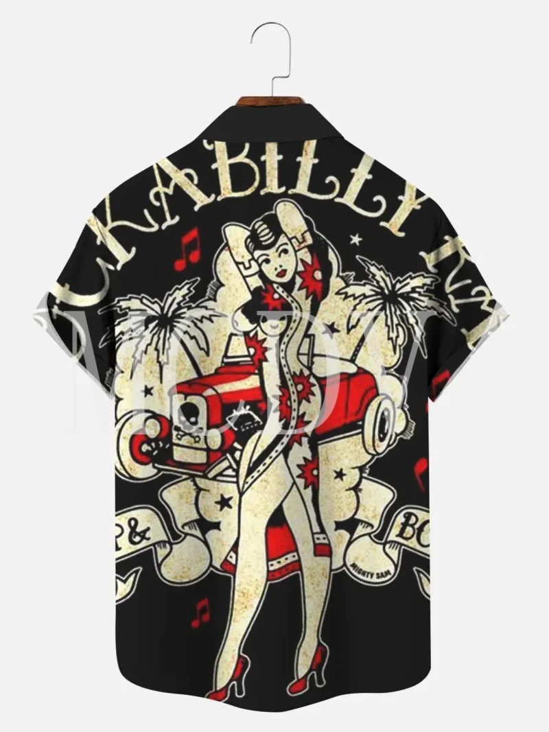 Men's Rockabilly Vintage Rocker Rock N Roll Printed Casual Breathable Short Sleeve Hawaiian Shirt