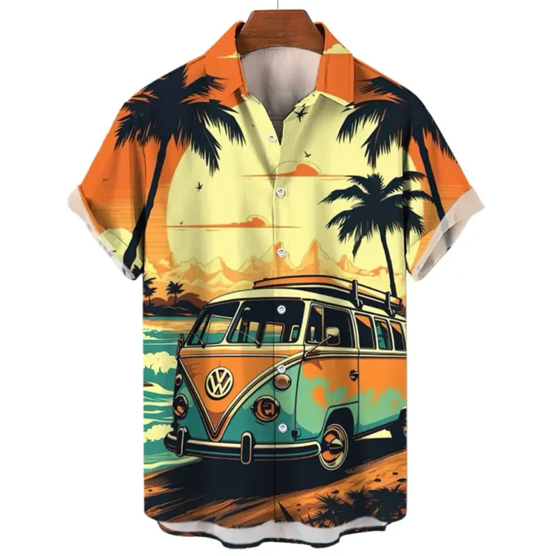 Vintage Men's Shirt For Men Short Sleeve Tops Beach and cars 3d Print Shirt Summer Sweatshirt Tees Designer Men's Clothing