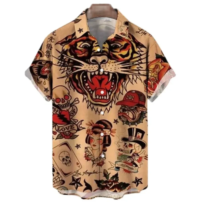 Japanese Men's Shirts Koi Print Hawaiian Buttons Beach Aloha Tops New 2024