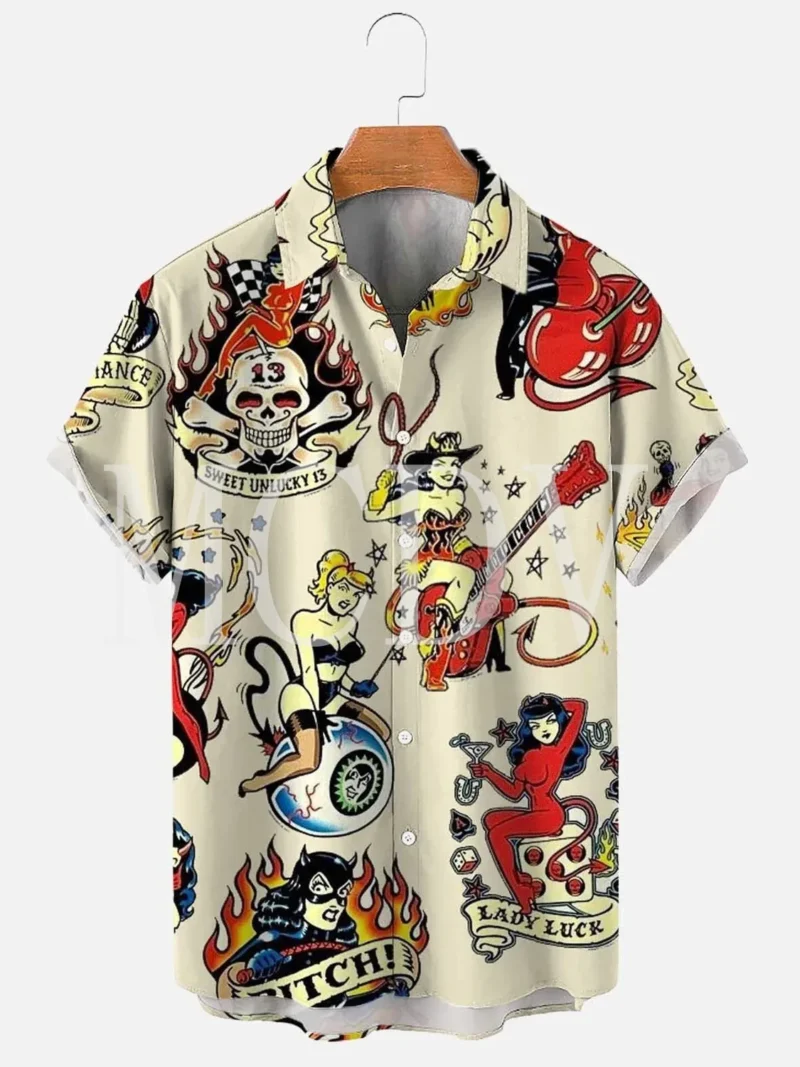 Men's Rockabilly Vintage Rocker Rock N Roll Printed Casual Breathable Short Sleeve Hawaiian Shirt