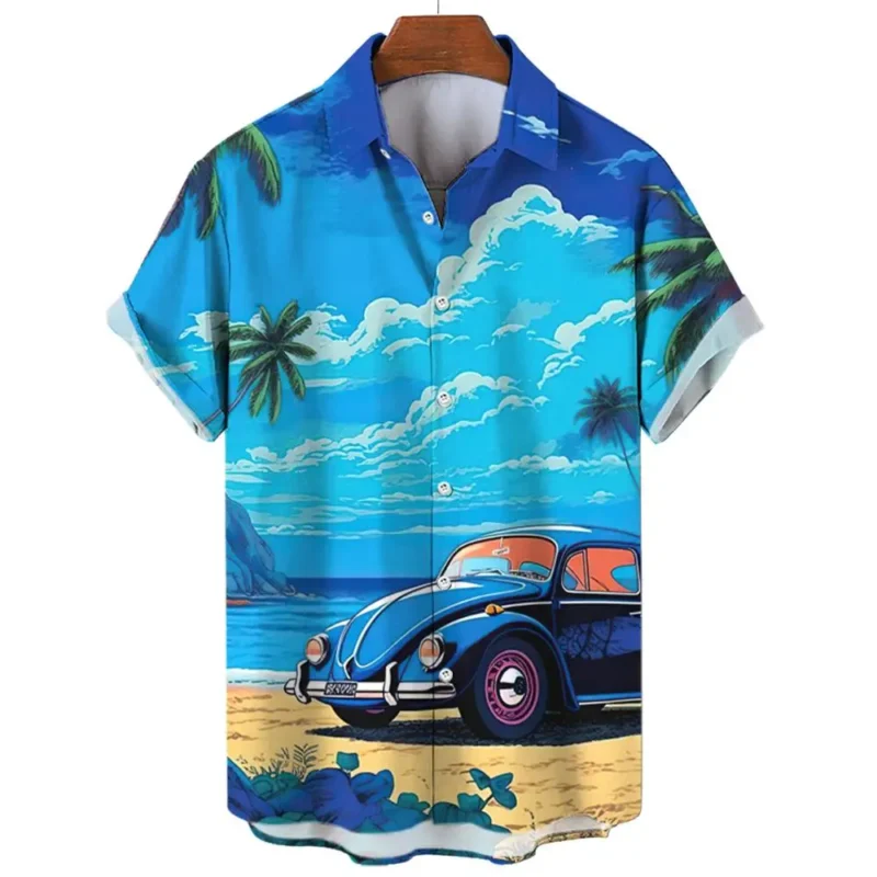 Vintage Men's Shirt For Men Short Sleeve Tops Beach and cars 3d Print Shirt Summer Sweatshirt Tees Designer Men's Clothing