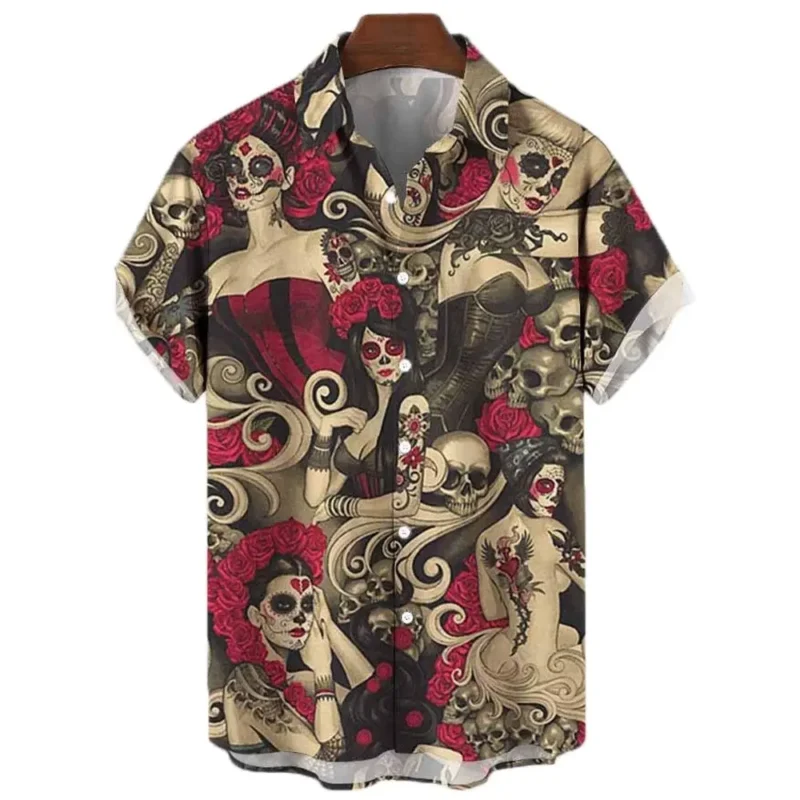 Japanese Men's Shirts Koi Print Hawaiian Buttons Beach Aloha Tops New 2024