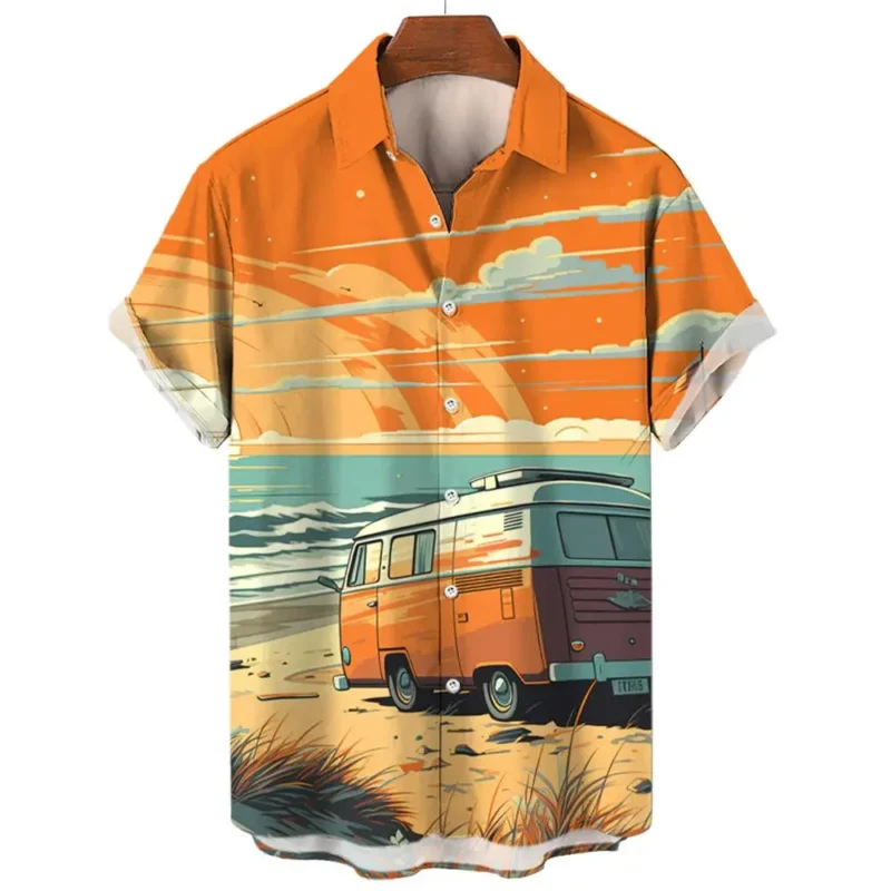 Vintage Men's Shirt For Men Short Sleeve Tops Beach and cars 3d Print Shirt Summer Sweatshirt Tees Designer Men's Clothing
