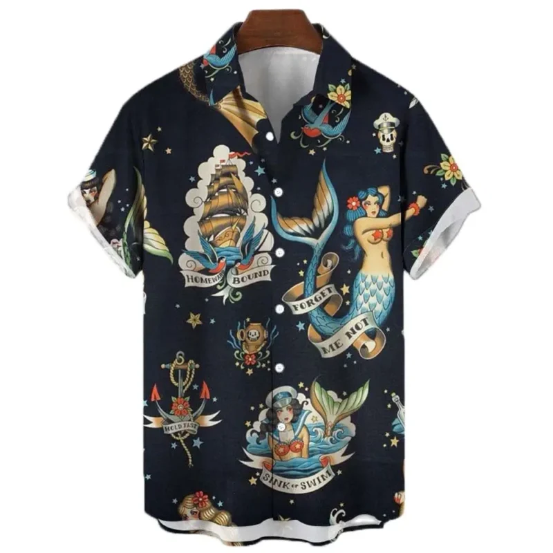 Japanese Men's Shirts Koi Print Hawaiian Buttons Beach Aloha Tops New 2024