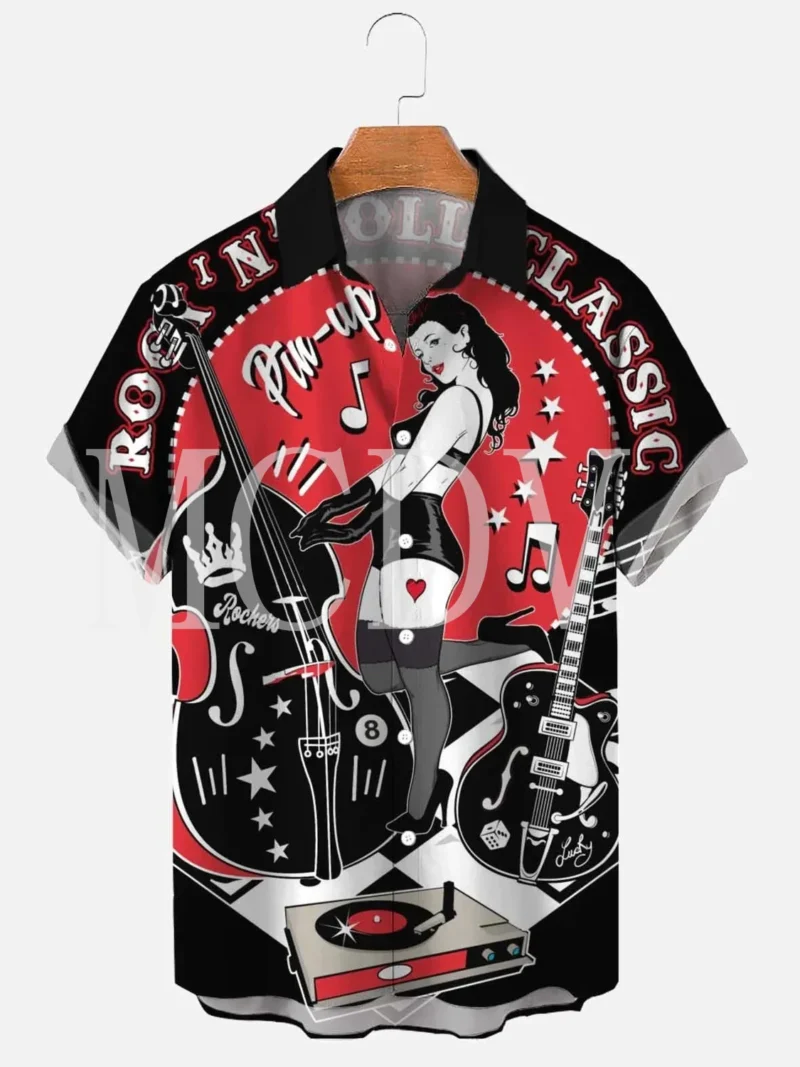 Men's Rockabilly Vintage Rocker Rock N Roll Printed Casual Breathable Short Sleeve Hawaiian Shirt - Image 2